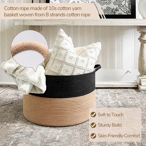 Miniatura 2 de INDRESSME Cesta de Cuerda de Algodón XXXLarge Tejida para Bebé Cesta de Ropa Sucia Cestas de Mantas Cestas de Juguetes con Asa Edredones Cojines
