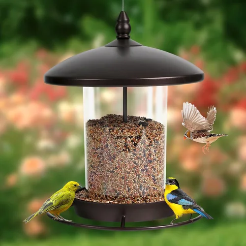 Miniatura 8 de Comedero para pájaros de metal para exteriores colgante, comedero de semillas de 3.0 LB, fácil de llenar y limpiar, alimentación de 360°, techo
