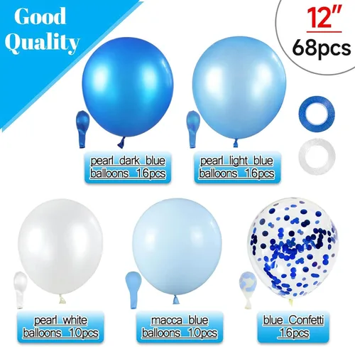 Miniatura 2 de Kit de 68 globos azules y blancos de 12 pulgadas, globos de confeti azul con azul claro, azul bebé y perla blanca con cintas para cumpleaños, bodas