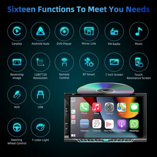 Miniatura 7 de Estéreo de auto doble DIN con Carplay y Android Auto, pantalla táctil HD de 7 pulgadas, compatible con reproductor de CD y DVD, Bluetooth, cámara