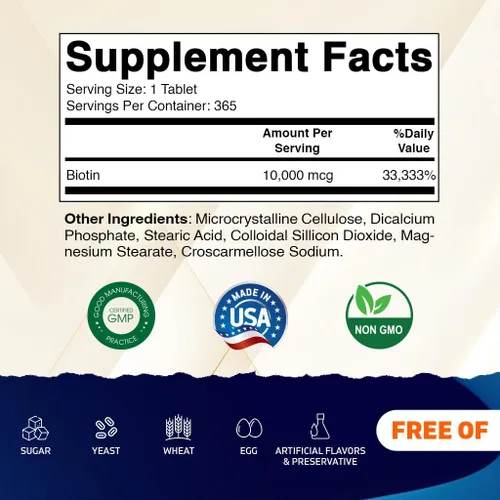 Miniatura 2 de Vitamatic Biotina 10,000 mcg (10 mg) para cabello, piel y uñas más fuertes - 365 tabletas veganas - también llamada vitamina B7