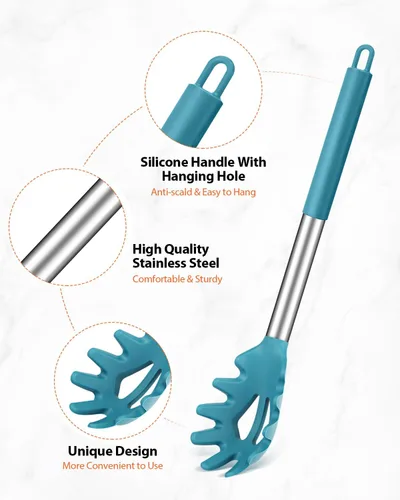 Miniatura 3 de Cuchara de silicona para espaguetis y pinza para pasta, mango de acero inoxidable antiadherente, juego de tenedores para pasta con dientes, clip Azul