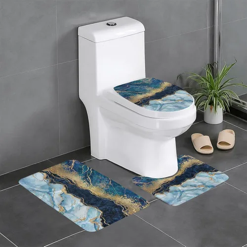 Evealyn Juego de 3 tapetes de baño antideslizantes y absorbentes para baño, color azul marino, juego de alfombras de ducha para baño, dormitorio,