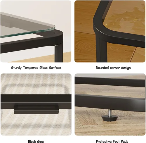 Miniatura 5 de Garden 4 you Mesa auxiliar de cristal, mesa auxiliar rectangular con marco de metal, moderna mesita de noche para oficina, dormitorio, sala de Negro