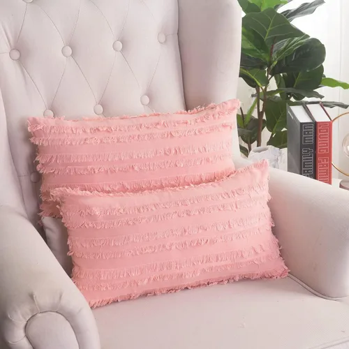 Miniatura 24 de GYROHOME Paquete de 2 fundas de almohada de algodón y lino, fundas de cojín decorativas, diseño de borlas, fundas de cojín modernas con flecos