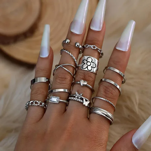Miniatura 2 de Juego de 15 anillos bohemios para mujer, anillos de cristal con gemas, conjuntos de anillos de nudo para adolescentes, fiestas, anillos de joyería