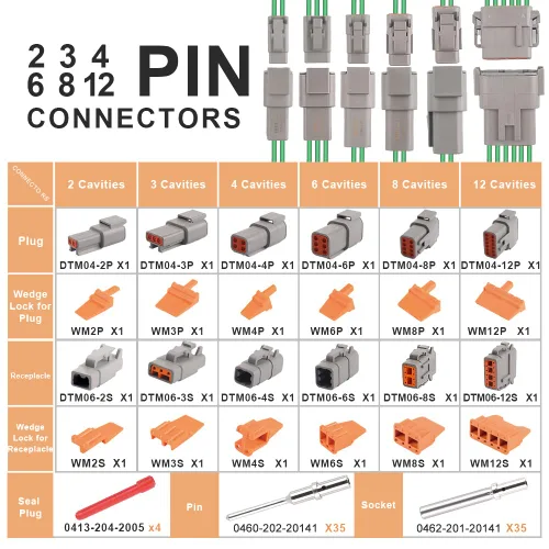 Miniatura 2 de JRready ST6141 Kit de conectores DTM, 2 3 4 6 8 12 pines gris IP67 conector impermeable con 35 pares de contactos sólidos estilo barril