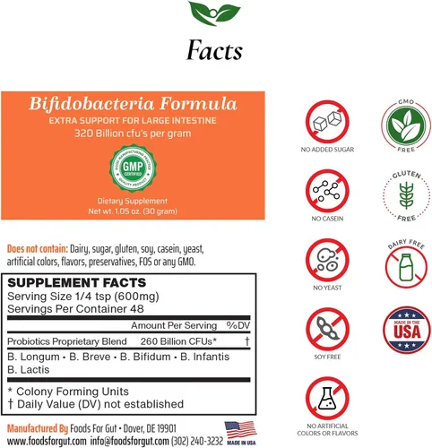 Miniatura 2 de Foods For Gut Bifido Formula 320 mil millones de ufc Fabricado en Estados Unidos Directo del fabricante Sin almacenamiento de terceros Apoyo