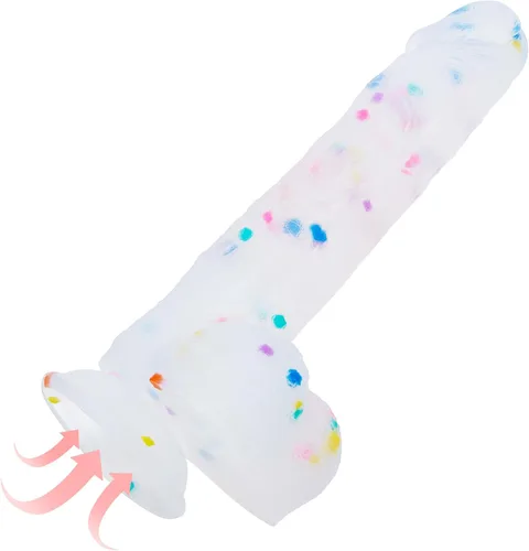 Miniatura 9 de Consolador de silicona transparente de 8.2 pulgadas con forma de confeti y base de succión acampanada para uso con manos libres, consolador flexible