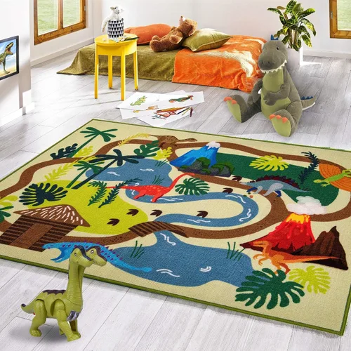 Booooom Jackson Alfombra de Dinosaurio para Niños, Alfombra Prehistórica de Dinosaurio de Poliéster con Respaldo de Látex Antideslizante, Alfombras