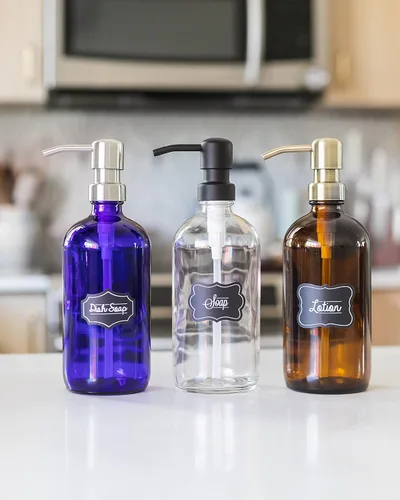 Miniatura 5 de Dispensador de jabón y loción de vidrio azul cobalto con bomba de metal, 16 onzas, (negro, 1)
