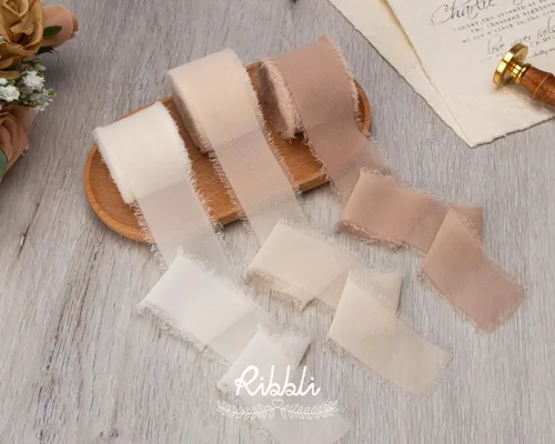 Miniatura 2 de Ribbli Cinta de seda de gasa, 1.5 pulgadas x 30 yardas, cinta de gasa con flecos crema/champán/beige para invitaciones de boda, envoltura de ramos