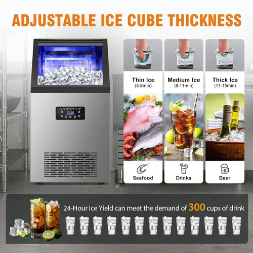 Miniatura 5 de Máquina de hielo comercial 120LBS/24H, máquina de hielo independiente de acero inoxidable, contenedor de almacenamiento de 30 libras, limpieza