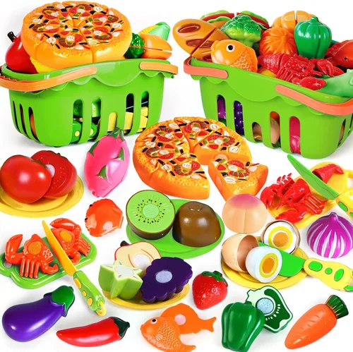 100 PIEZAS Juego de Comida de Simulación para Cocina de Juguete para Niños, Accesorios de Juguete de Comida de Cocina con 2 Canastas, Comida Verde