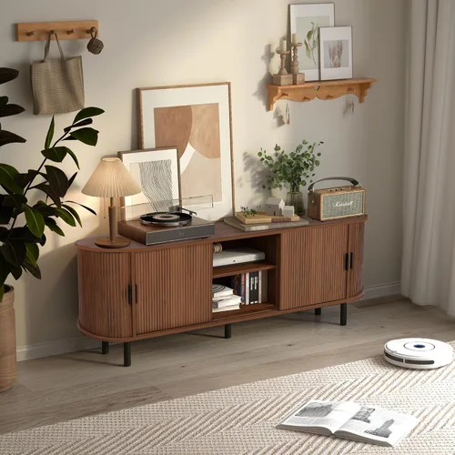 Miniatura 7 de FurSch Soporte de TV con puerta de tambor de 62 pulgadas, mueble de TV moderno de madera de mediados de siglo para TV de hasta 75 pulgadas, soporte