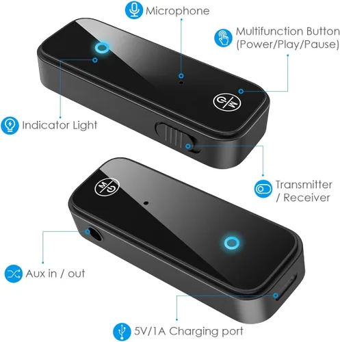 Miniatura 8 de Adaptador Bluetooth AUX 5.4 para automóvil, transmisor Bluetooth 2 en 1 receptor para auriculares de TV, altavoz estéreo para el hogar, llamadas
