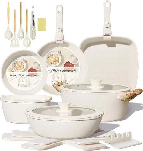 Miniatura 11 de BECIGAR Juego de 23 ollas y sartenes de cerámica, antiadherentes con mango desmontable, juego de cocina de inducción con mango extraíble, incluye