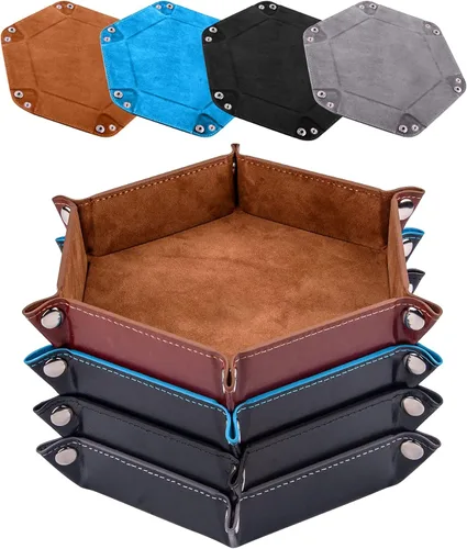 SIQUK Juego de 4 bandejas de dados plegables, bandejas hexagonales para dados, de piel sintética, caja de rotación (camello, azul cielo, negro, gris)
