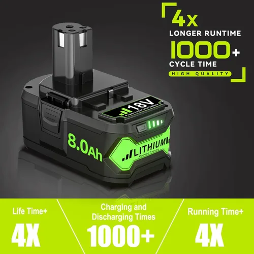 Miniatura 4 de Paquete de 2 baterías de repuesto actualizadas de 8.0 Ah para Ryobi de 18 V, batería de iones de litio ONE+ Plus P102 P103 P104 P105 P106 P108 P107