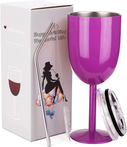 Miniatura 23 de AMZUShome Copas de vino de acero inoxidable (paquete de 2). Vaso de vino de doble pared aislado al vacío con tapa y pajita. Amistad, Navidad, Oro