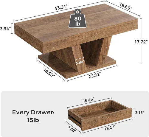Miniatura 2 de Mesa de centro de granja con 2 cajones laterales, mesa de té central de madera de 43 pulgadas con almacenamiento oculto, mesa de cóctel rectangular