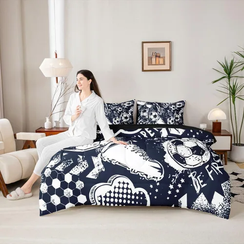 Miniatura 4 de Erosebridal Juego de edredón de tamaño individual para niños, cama de fútbol de 7 piezas en una bolsa, sábanas y fundas de almohada, juego de ropa