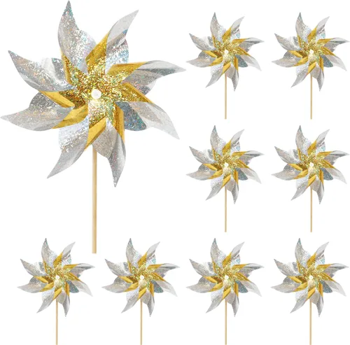Paquete de 10 molinetes reflectantes para patio y jardín, giradores de viento para exteriores dispositivos para ahuyentar pájaros, molinetes Dorado