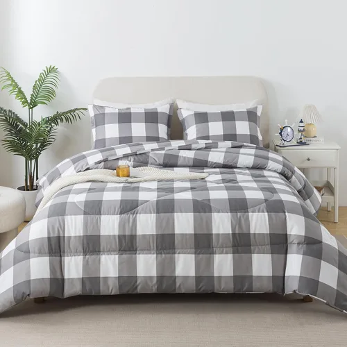 Miniatura 8 de Caressma Juego de edredón a cuadros tamaño individual, juego de ropa de cama de edredón a cuadros negros y blancos para todas las estaciones