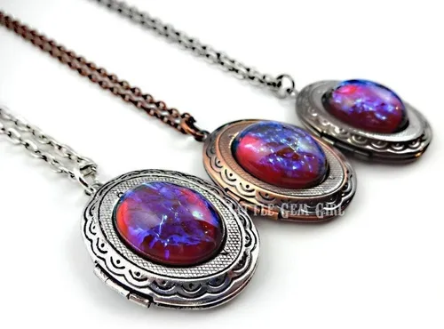 Miniatura 3 de Collar con medallón de ópalo mexicano que brilla en la oscuridad, diseño victoriano vintage de ópalo de fuego en plata, bronce o cobre, regalo
