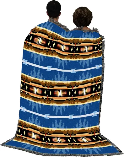 Miniatura 3 de Pure Country Weavers Cimarron - Manta azul inspirada en los nativos americanos del suroeste - Tapiz de regalo tejido de algodón - Fabricado
