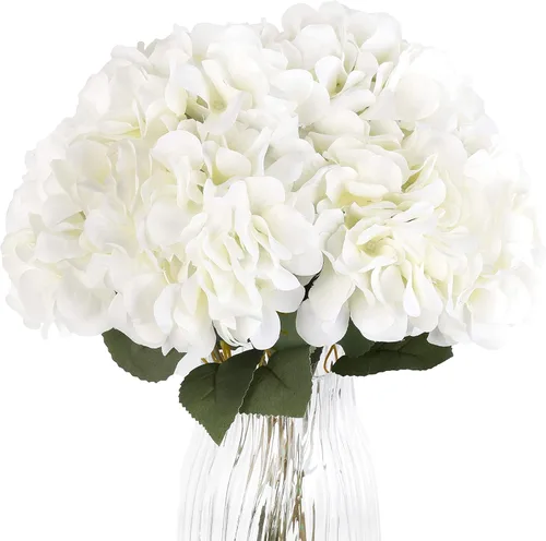 Paquete de 2 flores de hortensias artificiales blancas, 10 cabezas de seda falsas para el hogar, boda, fiesta, centro de mesa, decoración de mesa,