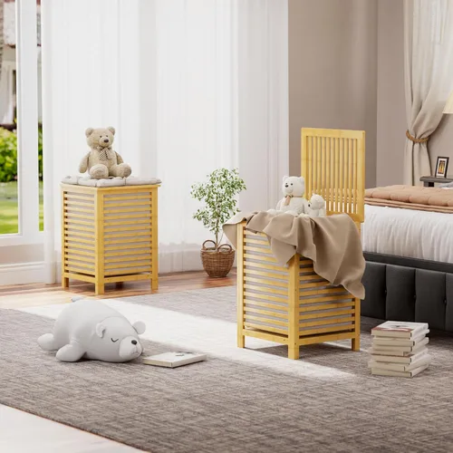 Miniatura 3 de SMIBUY Cesta de lavandería doble con tapa, cesta de lavandería de bambú de 120L con bolsa interior extraíble, clasificador de ropa de 2 secciones