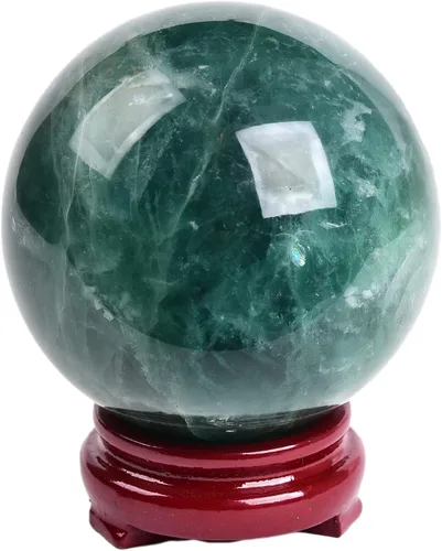 JIC Gem Gran esfera de cristal de cuarzo verde con fluorita verde, gema curativa esférica para meditación, con soporte decorativo de madera para el