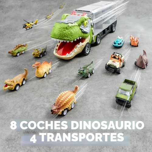 Miniatura 5 de JOYIN Juguetes de dinosaurio 13 en 1 para niños de 3 a 5 años, camión de dinosaurio con 12 autos de tracción, juguetes de regalo de cumpleaños