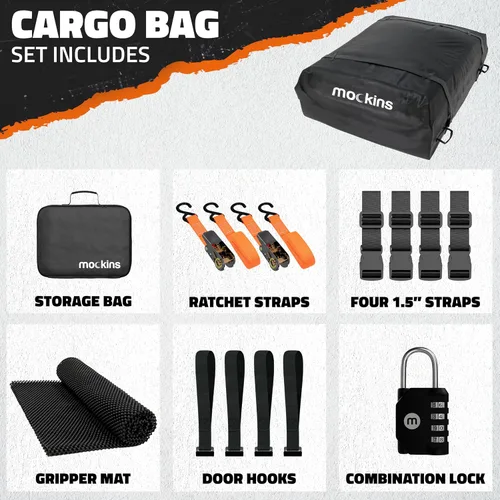 Miniatura 9 de Mockins Bolsa de Carga para Techo de Automóvil de 16 Pies Cúbicos Bolsa de Techo de 45"x34"x18" para Automóvil Sin Portaequipajes Portaequipajes
