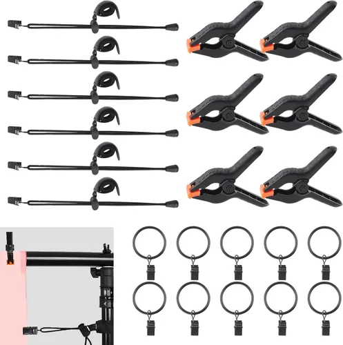 Miniatura 8 de Swpeet Kit de 22 abrazaderas para telón de fondo de fotografía, 10 anillos de cortina con clips, 6 abrazaderas de resorte para telón de fondo y 6