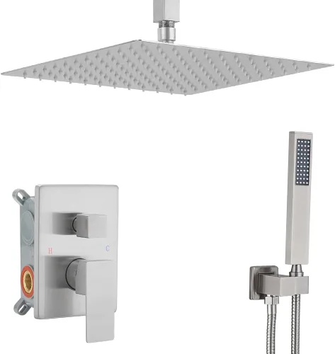 Miniatura 20 de Sistema de ducha de níquel cepillado para baño de 12 pulgadas, cabezal de ducha de lluvia, montaje en techo con juego combinado de ducha de mano