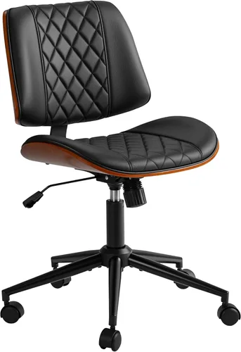Miniatura 8 de JUMMICO Silla de escritorio de oficina sin brazos con ruedas, moderna silla de escritorio pequeña de cuero de nogal, altura ajustable, giro de 360°