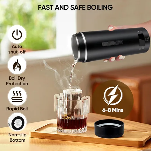 Miniatura 7 de Hervidor eléctrico portátil de viaje, calentador de café y té hervido con agua caliente, 15.2 fl oz, acero inoxidable 316, 4 preajustes de Negro