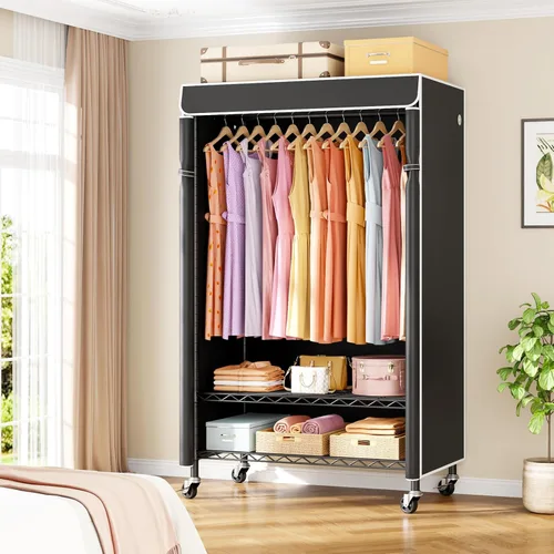 Miniatura 2 de ULIFHOME P6C - Perchero con ruedas con tapa, percheros de ropa cubiertos resistentes, armario portátil para colgar ropa, percheros con ruedas