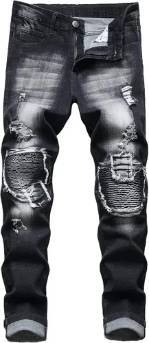 QIMYUM Jeans ajustados para hombre, jeans ajustados rasgados para hombre, jeans de motociclista, elásticos, pantalones de mezclilla de Moto Cargo