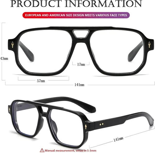 Miniatura 8 de PORADAY Gafas de Bloqueo de Luz Azul para Mujeres y Hombres Estilo Retro Cuadrado de los Años 70 Gafas de Aviador Gafas Rectangulares para A1 negro