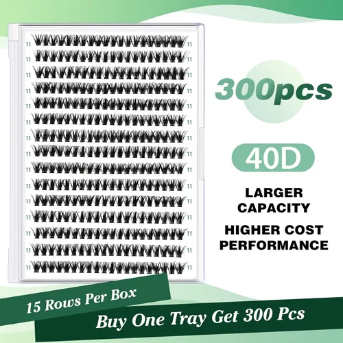 Miniatura 2 de Extensiones de racimos de pestañas 300 piezas, pestañas individuales 40D 0.07D rizado 11mm, para colocar en casa, bandeja grande de volumen