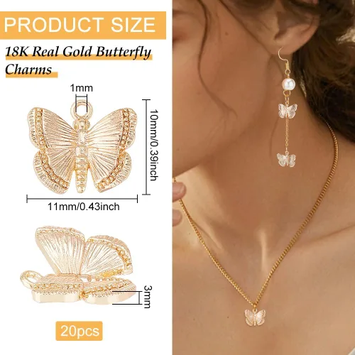 Miniatura 2 de BENECREAT Colgantes de latón chapado en oro de 18 quilates para collar y aretes, Latón, Latón Mariposa