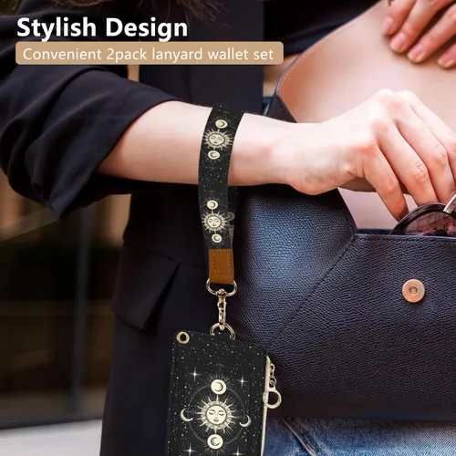 Miniatura 5 de bolimoss Soporte para credencial de sol y luna y cartera con cordón, cordones removibles para maestras, cartera para mujeres con correa