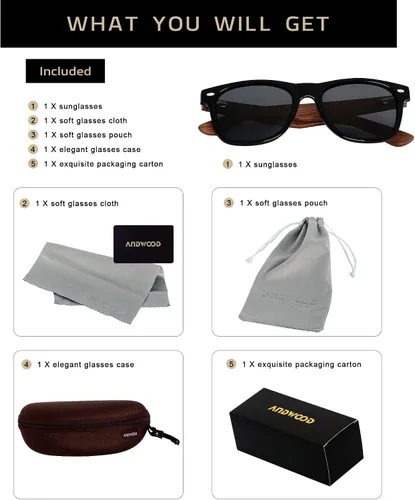 Miniatura 7 de ANDWOOD Gafas de sol polarizadas de madera para hombres y mujeres, protección UV, marco de bambú de madera, gafas de sol espejadas