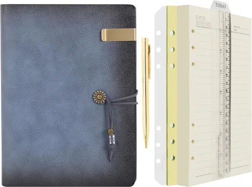 Miniatura 8 de Wonderpool - Diario de piel con papel rayado y bolígrafo, rellenable, cuaderno de espiral con 6 anillas, con libretas pautadas, cubierta vintage