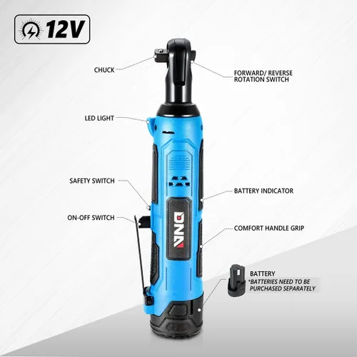 Miniatura 2 de DNA MOTORING TOOLS-00169 Llave de trinquete eléctrica inalámbrica de 12 V 3/8 pulgadas con interruptor de rotación hacia adelante/retroceso + luz