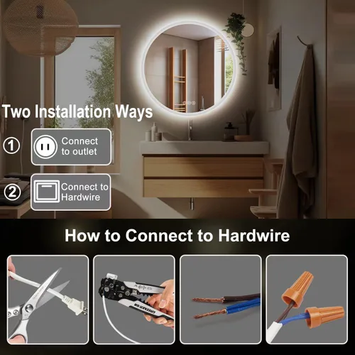 Miniatura 5 de S·BAGNO - Espejo de baño LED redondo de 24 pulgadas con luces, espejo de tocador antivaho montado en la pared, 3000 K/4000 K/6500 K, espejo
