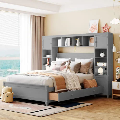 Miniatura 12 de RUNNA Elegante cama de plataforma de tamaño Queen con estantes extraíbles, cama de almacenamiento de madera con nido de tamaño individual